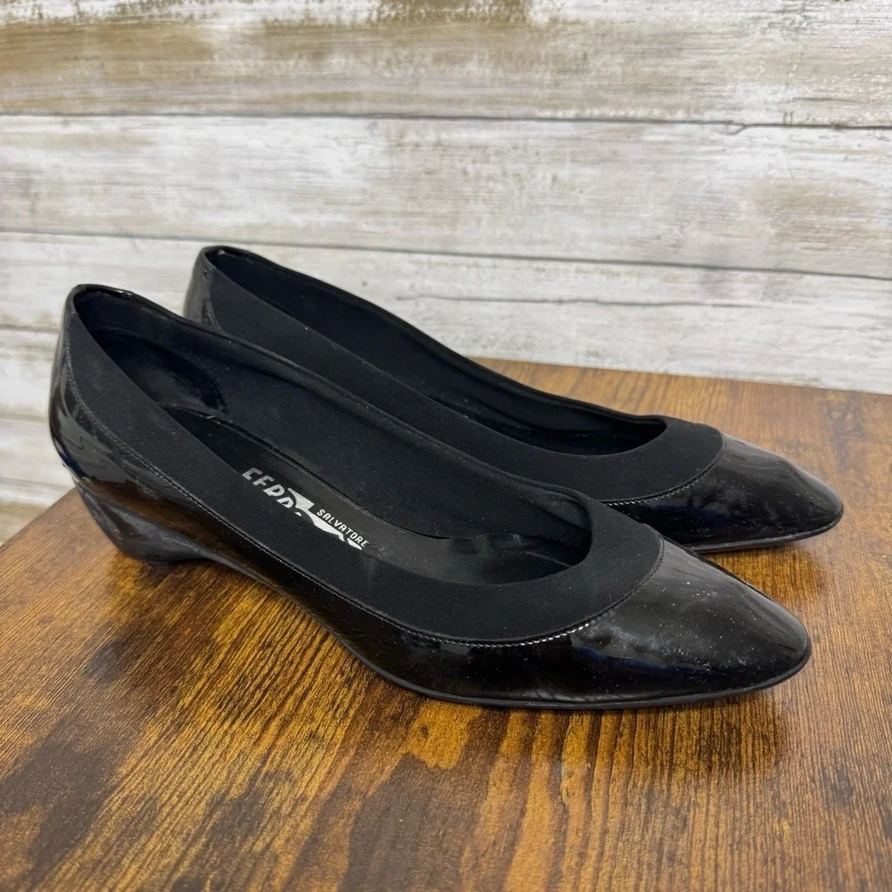 Salvatore Ferragamo Black Wedge Flats Shoes Women’s Size 6.5 B Patent Leather